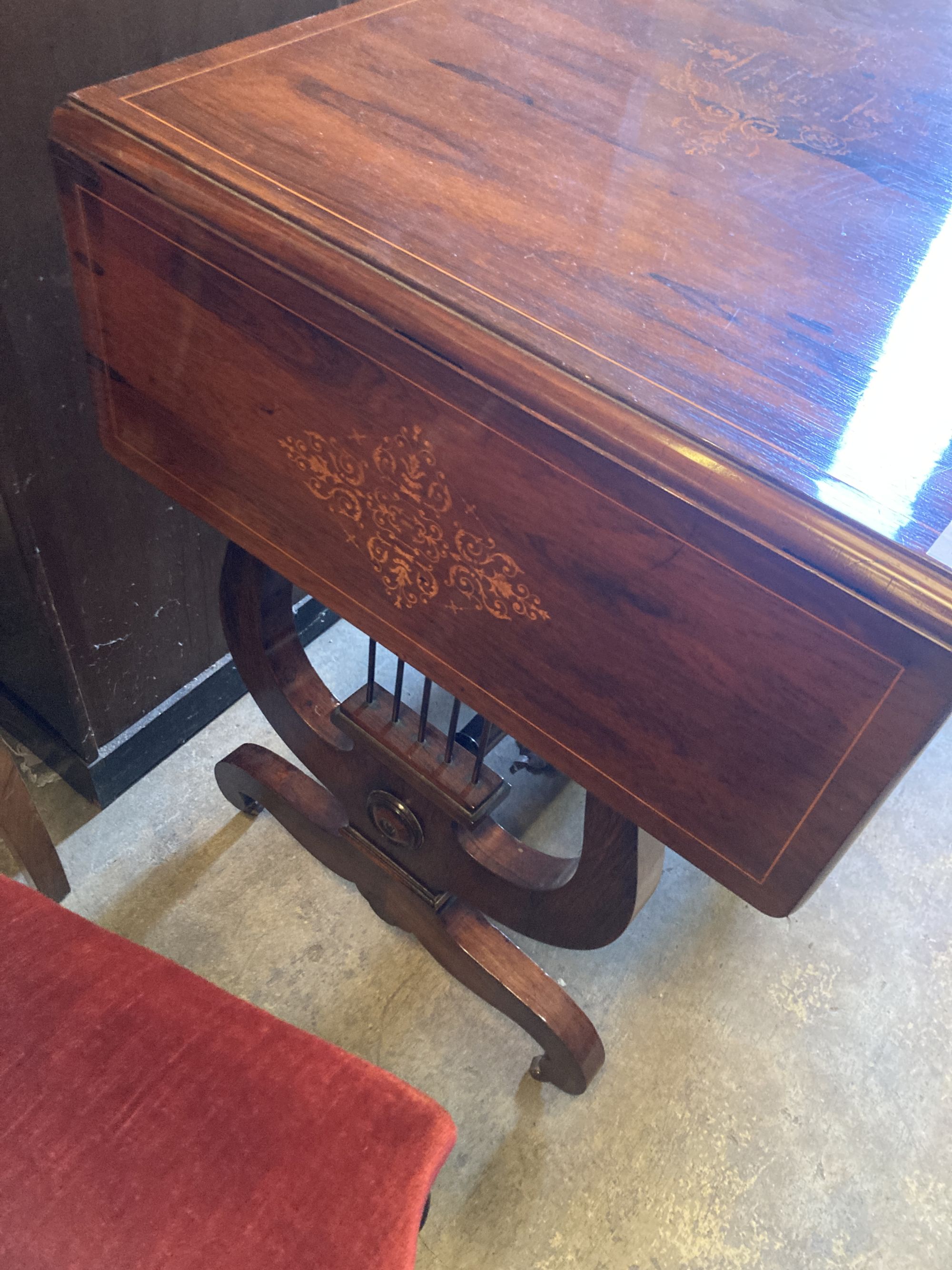 A 19th century French marquetry inlaid rosewood sofa table, width 84cm, depth 60cm, height 77cm